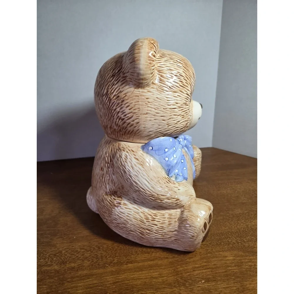Vintage 1992 Theodore Brown Teddy Bear Cookie Jar Canister Baby Blue Bow